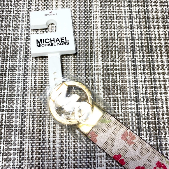 BRAND NEW MICHAEL Michael Kors Reversible Floral White Belt Gold Buckle Size M❤️ - Picture 3 of 7